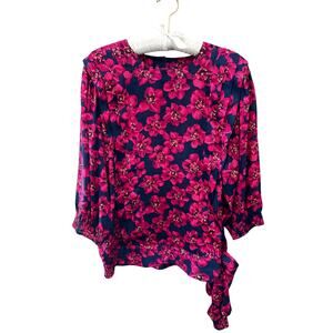 MAYEELOK | Pink Floral Blouse Vibrant 80s Style Pleated Top | Medium